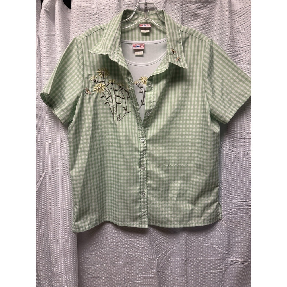 Vintage American Sweetheart‎ Green White Gingham Embroidered Flowers Bees Large